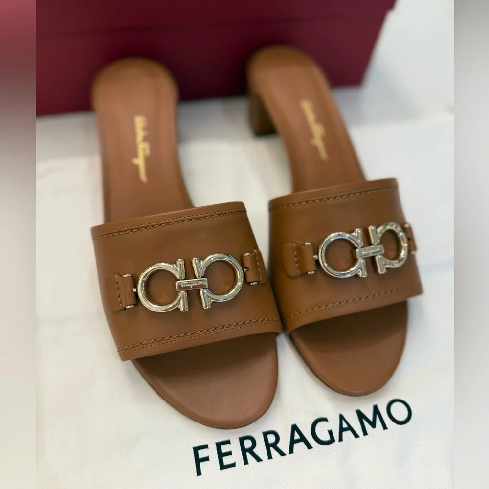 Salvatore Ladies‎ Brown Rhodes Gancini Heel Sandals, Size 9.5 - Picture 7 of 13